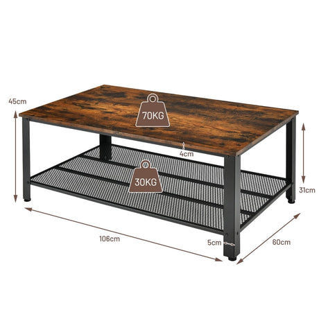Metal Frame Wood Coffee Table Console Table with Storage Shelf-Rustic Brown