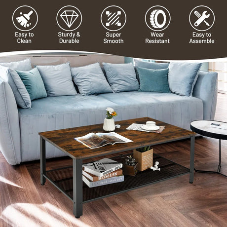 Metal Frame Wood Coffee Table Console Table with Storage Shelf-Rustic Brown