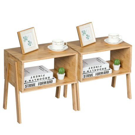 2 Pieces Bamboo Nightstand Sofa Table with Storage Shelf