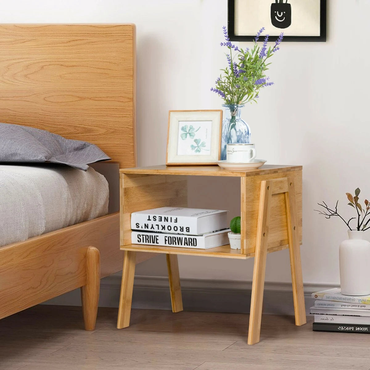 2 Pieces Bamboo Nightstand Sofa Table with Storage Shelf