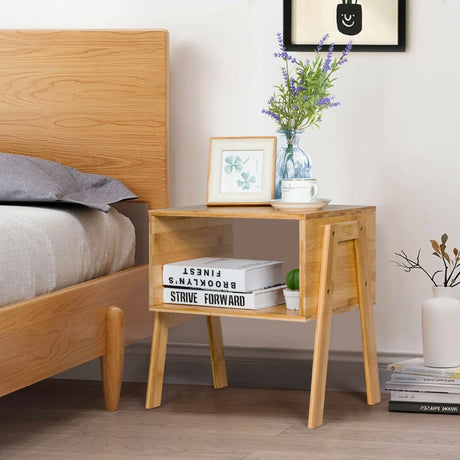 2 Pieces Bamboo Nightstand Sofa Table with Storage Shelf