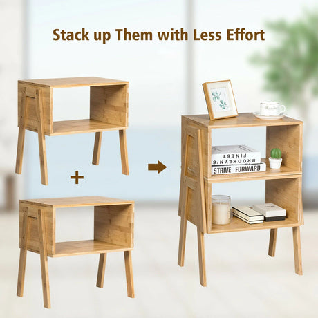 2 Pieces Bamboo Nightstand Sofa Table with Storage Shelf