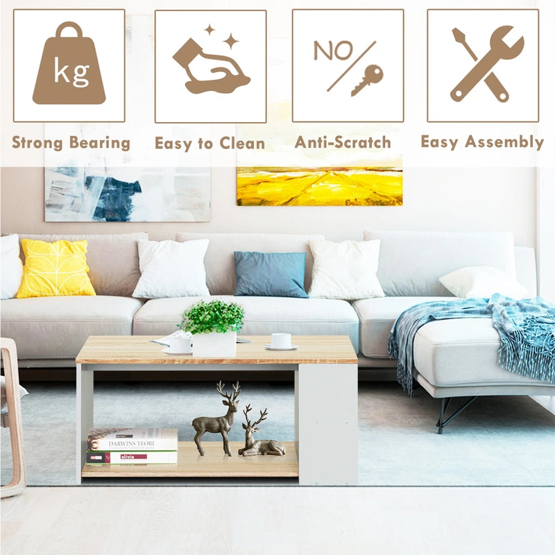 Coffee Table Sofa Side Table with Storage Shelves-Natural