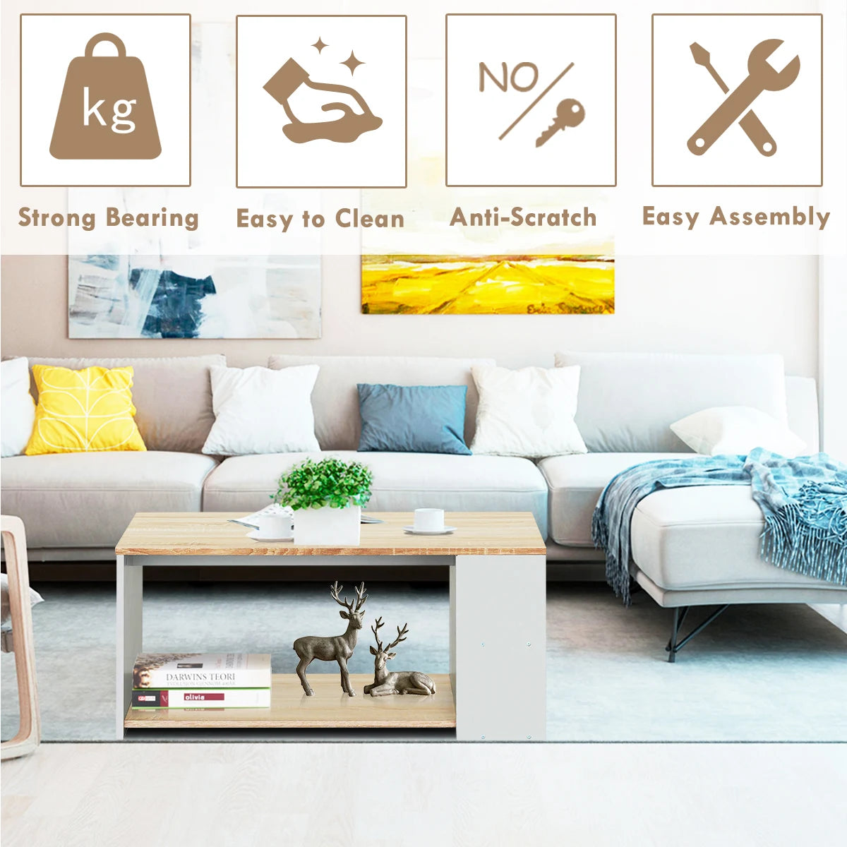 Coffee Table Sofa Side Table with Storage Shelves-Natural