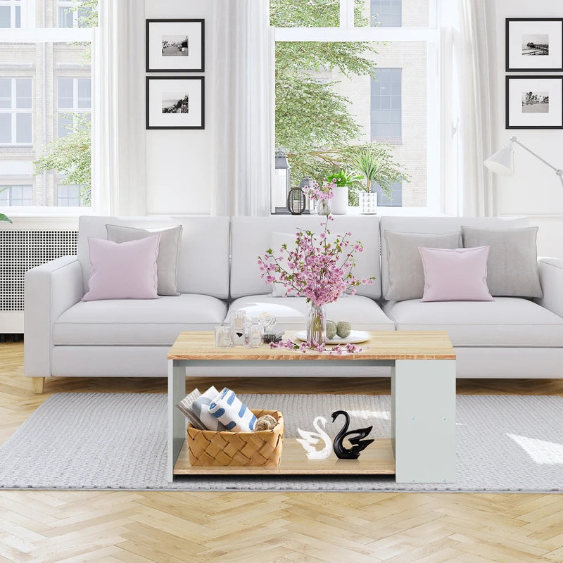 Coffee Table Sofa Side Table with Storage Shelves-Natural