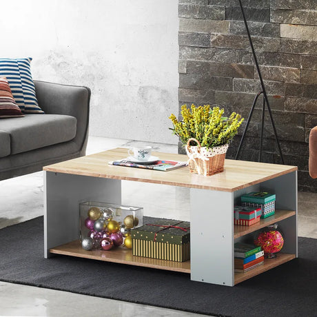 Coffee Table Sofa Side Table with Storage Shelves-Natural