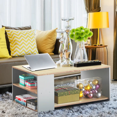Coffee Table Sofa Side Table with Storage Shelves-Natural