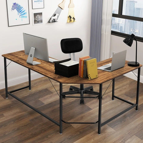 Wood L-Shaped Computer Desk with Adjustable Foot Pad