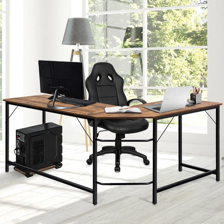 Wood L-Shaped Computer Desk with Adjustable Foot Pad