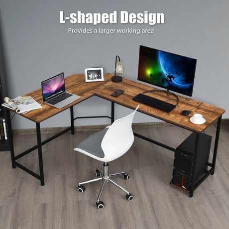Wood L-Shaped Computer Desk with Adjustable Foot Pad