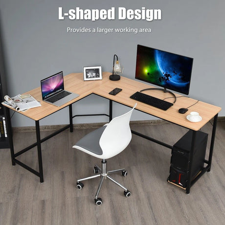 Wood L-Shaped Computer Desk with Adjustable Foot Pad