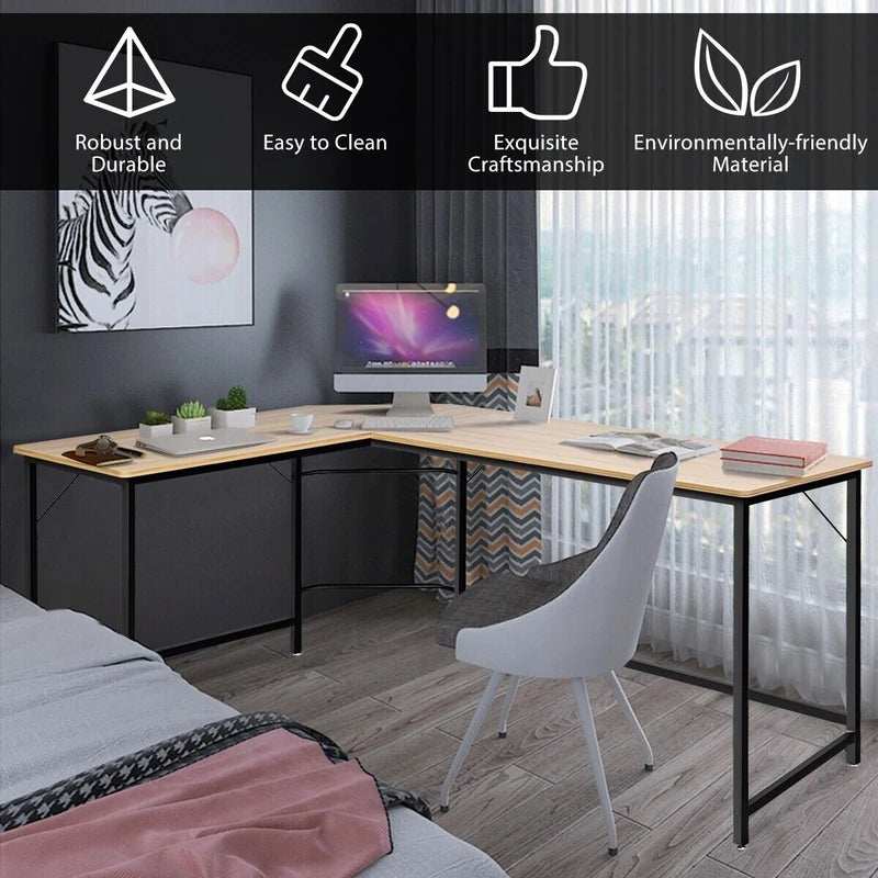 Wood L-Shaped Computer Desk with Adjustable Foot Pad