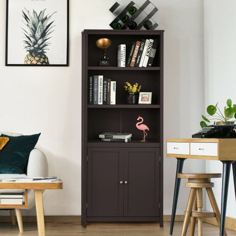 Wooden Tall Bookcase with 3-Tier Storage Cabinet-Coffee