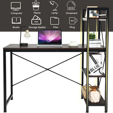 Wooden Computer Desk Writing Table with 4-Tier Reversible Bookshelf-Deep Brown