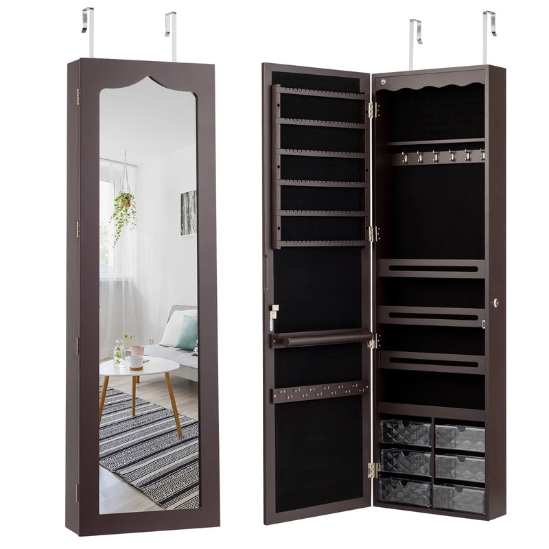 5 LEDs Lockable Mirror Jewelry Cabinet Armoire with 6 Drawers-Coffee