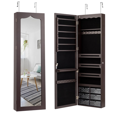 5 LEDs Lockable Mirror Jewelry Cabinet Armoire with 6 Drawers-Coffee