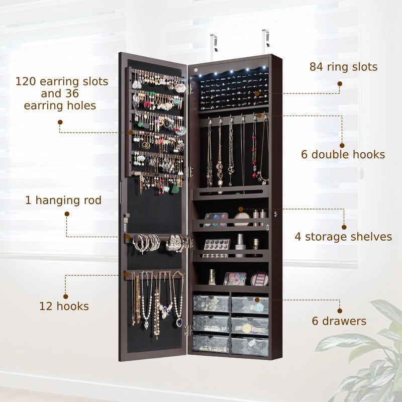5 LEDs Lockable Mirror Jewelry Cabinet Armoire with 6 Drawers-Coffee