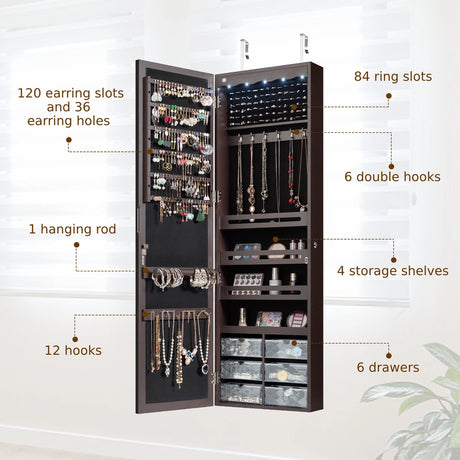 5 LEDs Lockable Mirror Jewelry Cabinet Armoire with 6 Drawers-Coffee