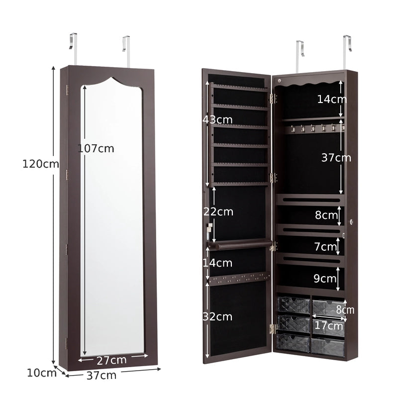 5 LEDs Lockable Mirror Jewelry Cabinet Armoire with 6 Drawers-Coffee