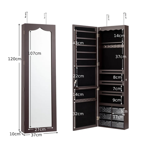 5 LEDs Lockable Mirror Jewelry Cabinet Armoire with 6 Drawers-Coffee