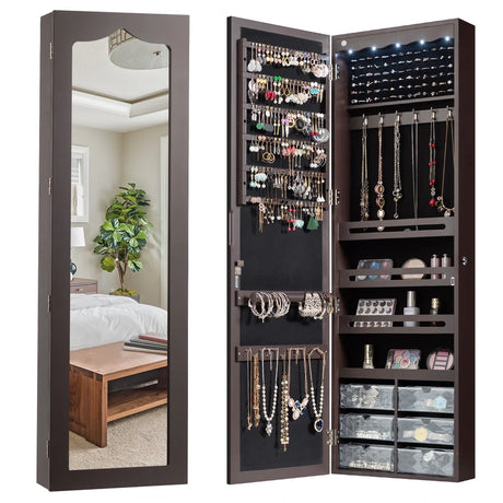 5 LEDs Lockable Mirror Jewelry Cabinet Armoire with 6 Drawers-Coffee