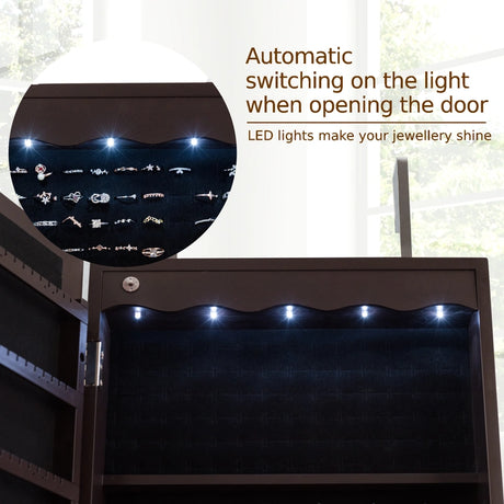 5 LEDs Lockable Mirror Jewelry Cabinet Armoire with 6 Drawers-Coffee