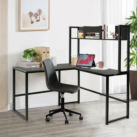 Industrial L-Shaped Desk Bookshelf 55 Inch Corner Computer Gaming Table-Black