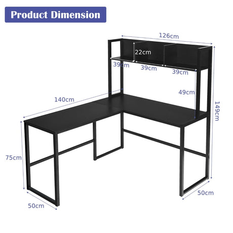 Industrial L-Shaped Desk Bookshelf 55 Inch Corner Computer Gaming Table-Black