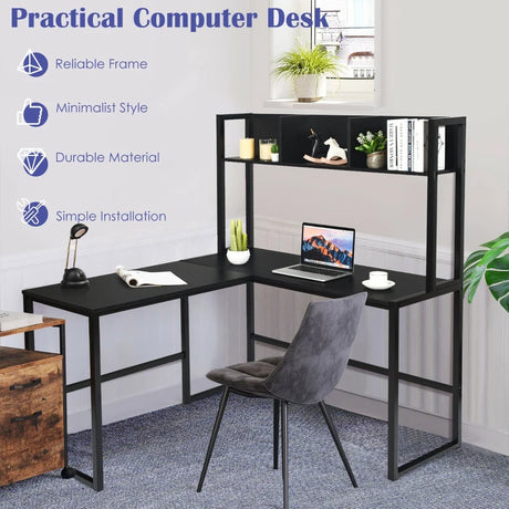 Industrial L-Shaped Desk Bookshelf 55 Inch Corner Computer Gaming Table-Black