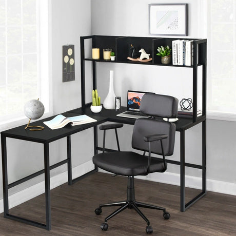 Industrial L-Shaped Desk Bookshelf 55 Inch Corner Computer Gaming Table-Black