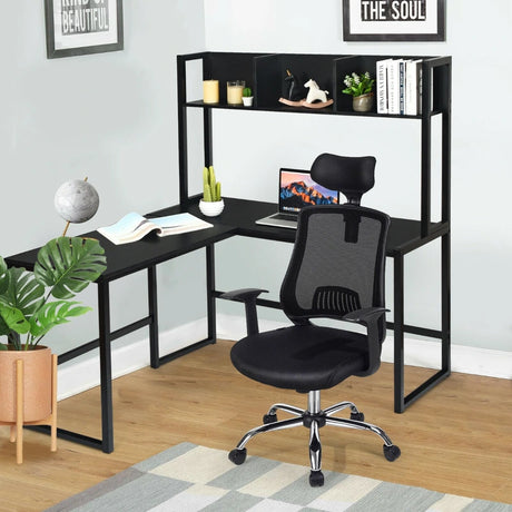 Industrial L-Shaped Desk Bookshelf 55 Inch Corner Computer Gaming Table-Black