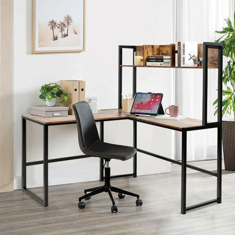 Industrial L-Shaped Desk Bookshelf 55 Inch Corner Computer Gaming Table-Brown