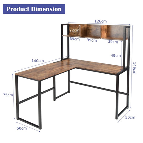 Industrial L-Shaped Desk Bookshelf 55 Inch Corner Computer Gaming Table-Brown