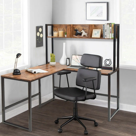Industrial L-Shaped Desk Bookshelf 55 Inch Corner Computer Gaming Table-Brown
