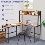 Industrial L-Shaped Desk Bookshelf 55 Inch Corner Computer Gaming Table-Brown