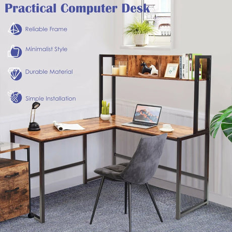 Industrial L-Shaped Desk Bookshelf 55 Inch Corner Computer Gaming Table-Brown