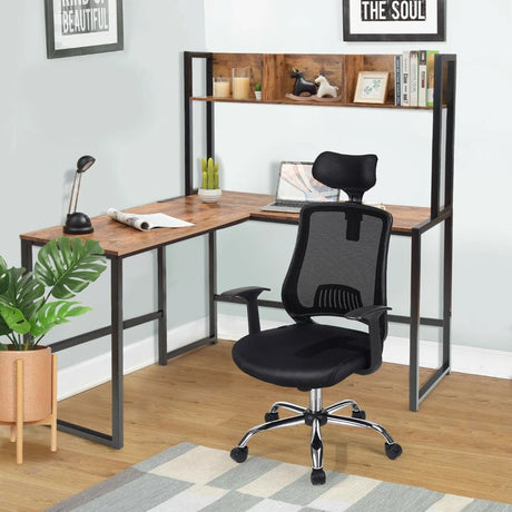Industrial L-Shaped Desk Bookshelf 55 Inch Corner Computer Gaming Table-Brown