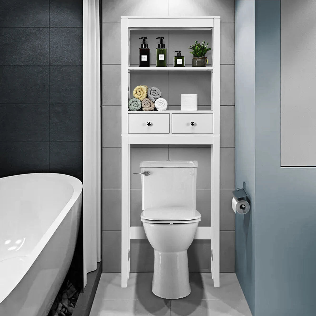 X-Frame Over The Toilet Bathroom Storage Shelf with 2 Drawers