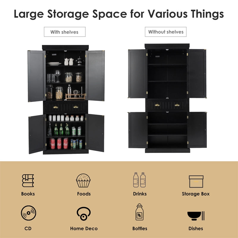 Cupboard Freestanding Kitchen Cabinet w/ Adjustable Shelves-Black