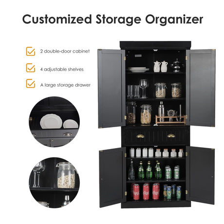 Cupboard Freestanding Kitchen Cabinet w/ Adjustable Shelves-Black