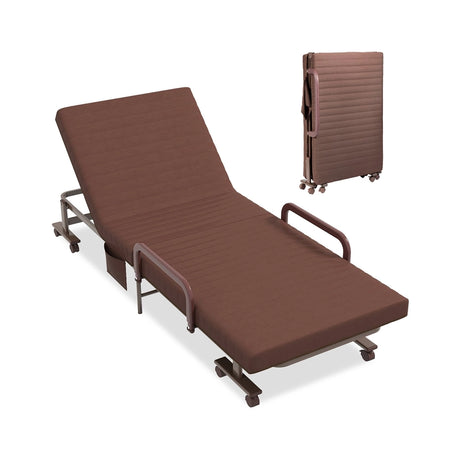 Folding Single Guest Bed with Mattress &amp; Metal Frame-Coffee