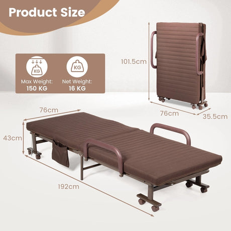 Folding Single Guest Bed with Mattress &amp; Metal Frame-Coffee