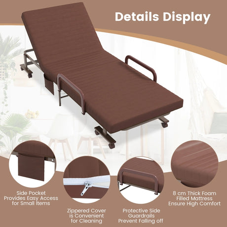 Folding Single Guest Bed with Mattress &amp; Metal Frame-Coffee