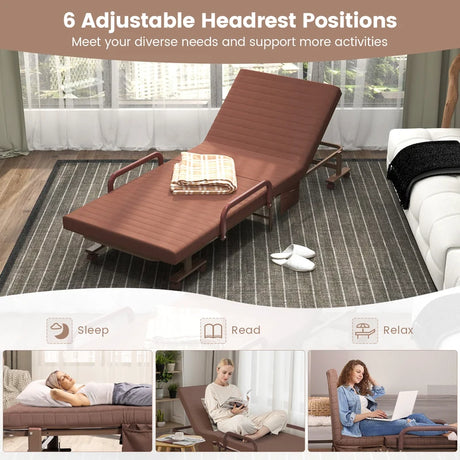 Folding Single Guest Bed with Mattress &amp; Metal Frame-Coffee
