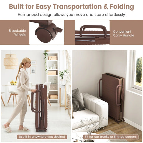 Folding Single Guest Bed with Mattress &amp; Metal Frame-Coffee