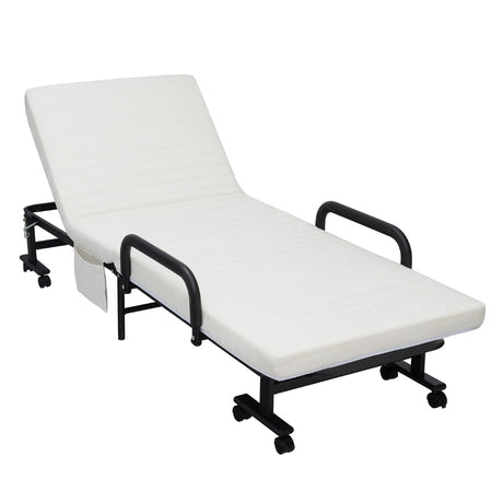 Folding Single Guest Bed with Mattress &amp; Metal Frame-White