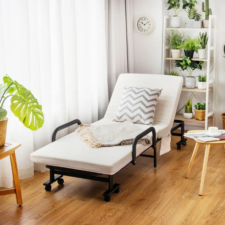 Folding Single Guest Bed with Mattress &amp; Metal Frame-White