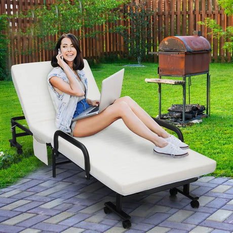 Folding Single Guest Bed with Mattress &amp; Metal Frame-White