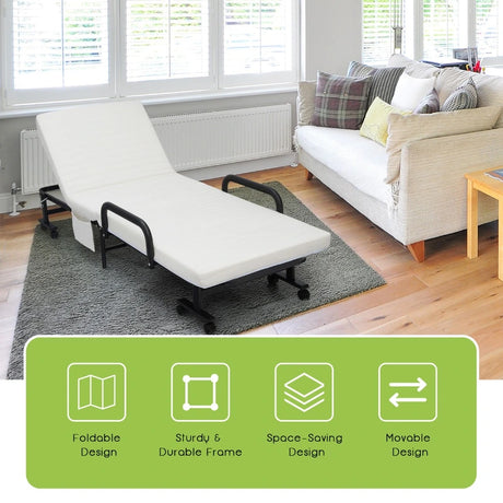 Folding Single Guest Bed with Mattress &amp; Metal Frame-White