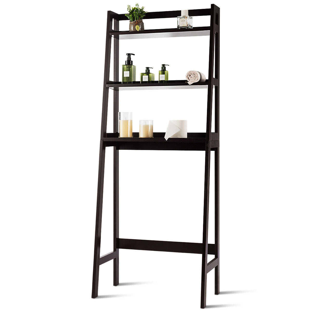 3-Tier Wood Over the Toilet Storage Rack for Bathroom &amp; Laundry-Brown